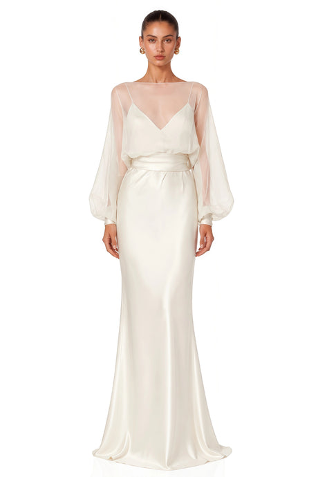 Colomba Maxi Dress Cream White Sheer Blouse & Satin Set