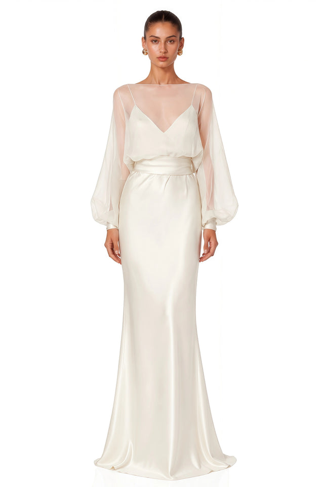 Madeleine Cream White Sheer Blouse  Satin Maxi Dress Set