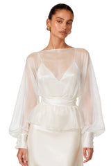 Madeleine Cream White Sheer Blouse  Satin Maxi Dress Set
