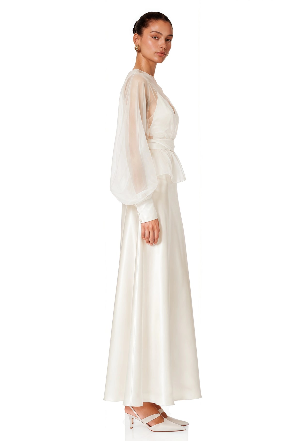 Madeleine Cream White Sheer Blouse  Satin Maxi Dress Set