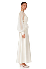 Madeleine Cream White Sheer Blouse  Satin Maxi Dress Set