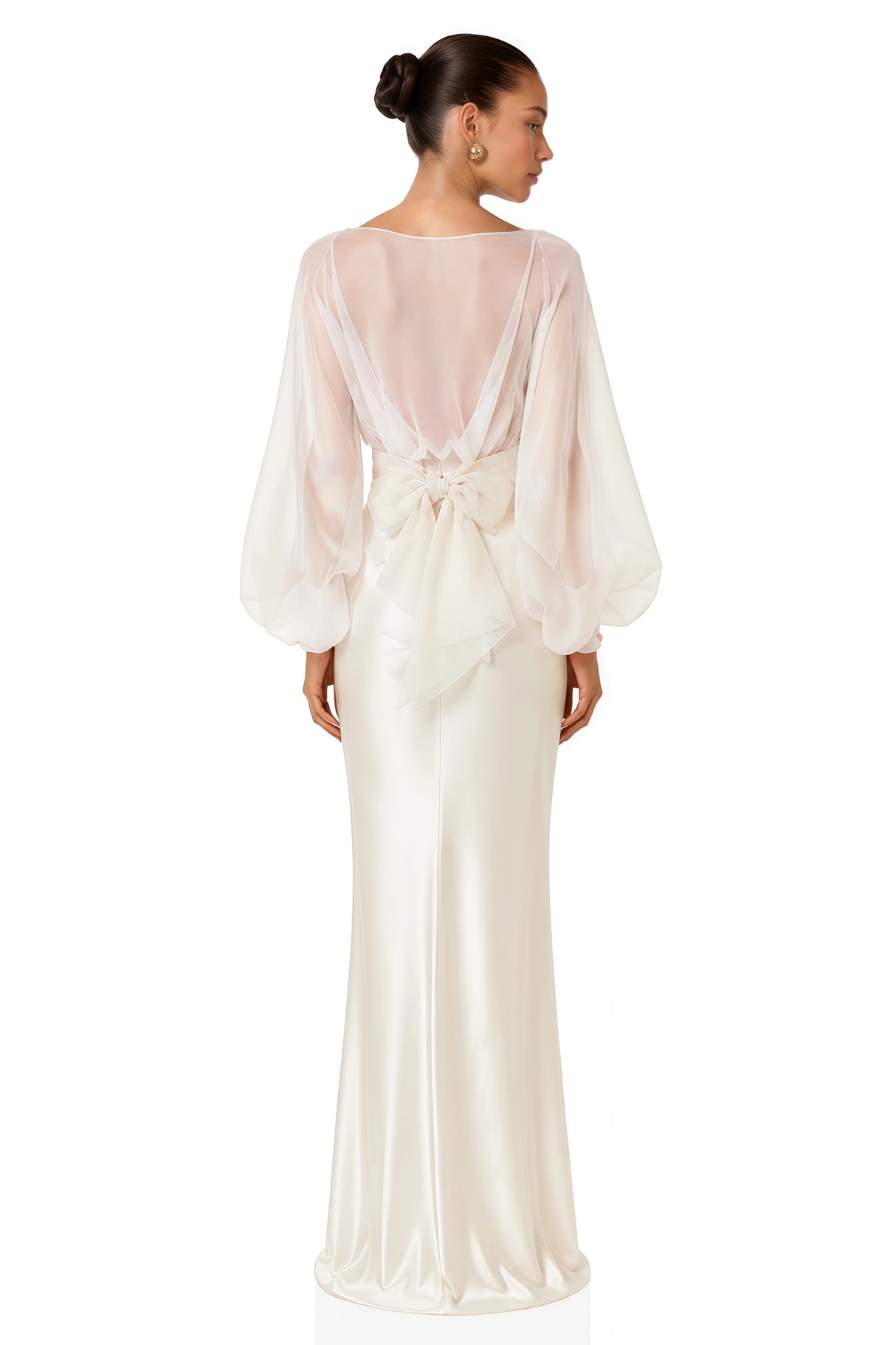 Madeleine Cream White Sheer Blouse  Satin Maxi Dress Set