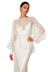 Madeleine Cream White Sheer Blouse  Satin Maxi Dress Set