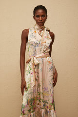 Madeleine Neutral Floral Print Satin Maxi Dress