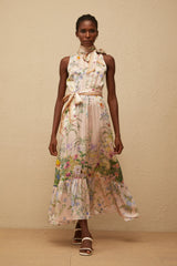 Madeleine Neutral Floral Print Satin Maxi Dress
