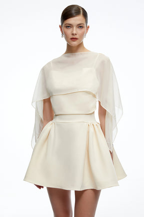 Madeleine Neutral SemiSheer Flared Mini Dress with Shawl