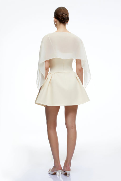 Raven Mini Dress Neutral Semi-Sheer Flared with Shawl