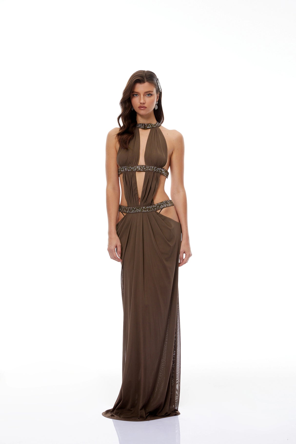 Maëlle Brown Cutout Ruched Maxi Dress