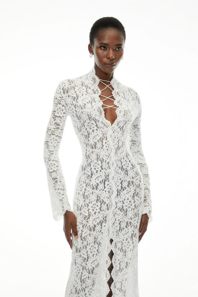 Maëlys White Floral Lace Plunge Neck Maxi Dress