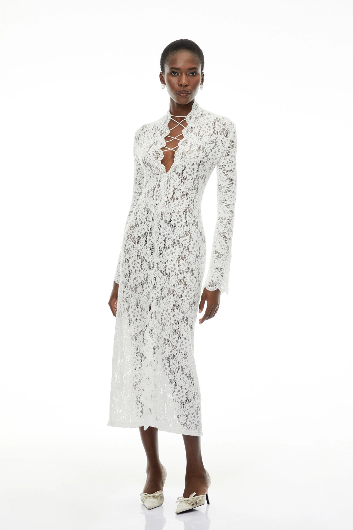 Maëlys White Floral Lace Plunge Neck Maxi Dress
