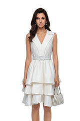 Maeve White Belted Tiered Mini Dress