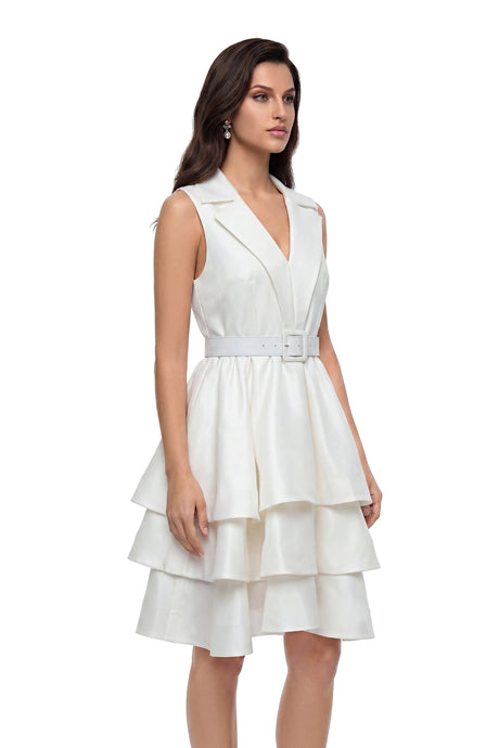 Sandra Mini Dress White Belted Tiered