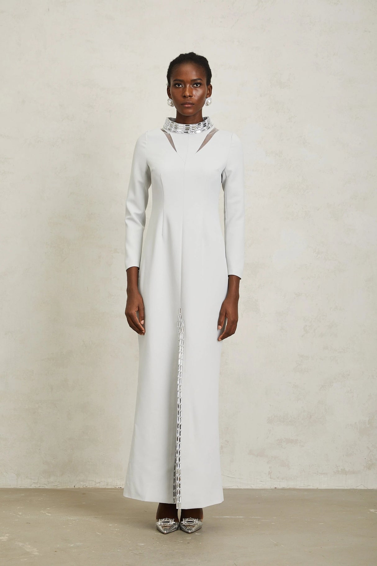 Magdalena Light Grey Crystal Embellished Maxi Dress