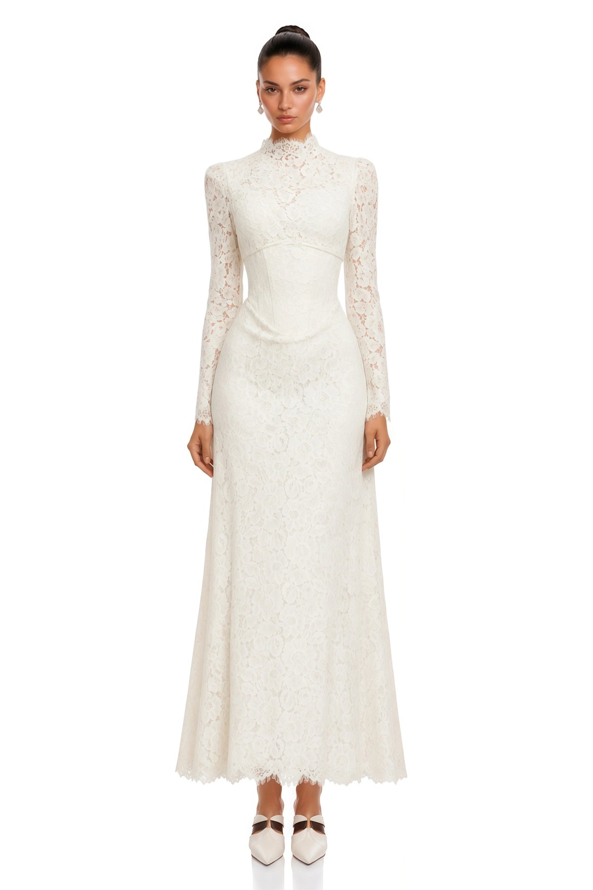 Maggie Ivory High Neck Floral Lace Maxi Dress