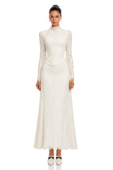 Maggie Ivory High Neck Floral Lace Maxi Dress
