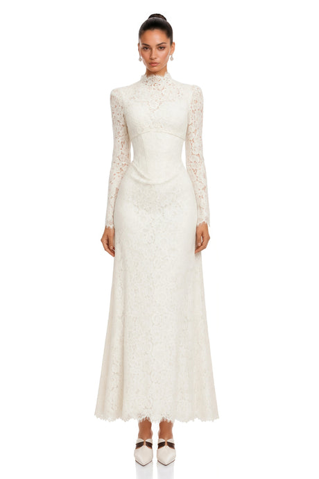 Iside Maxi Dress Ivory High Neck Floral Lace