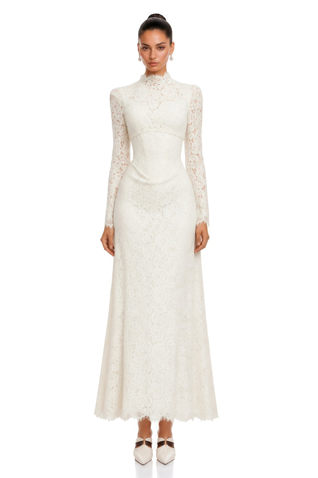 Maggie Ivory High Neck Floral Lace Maxi Dress