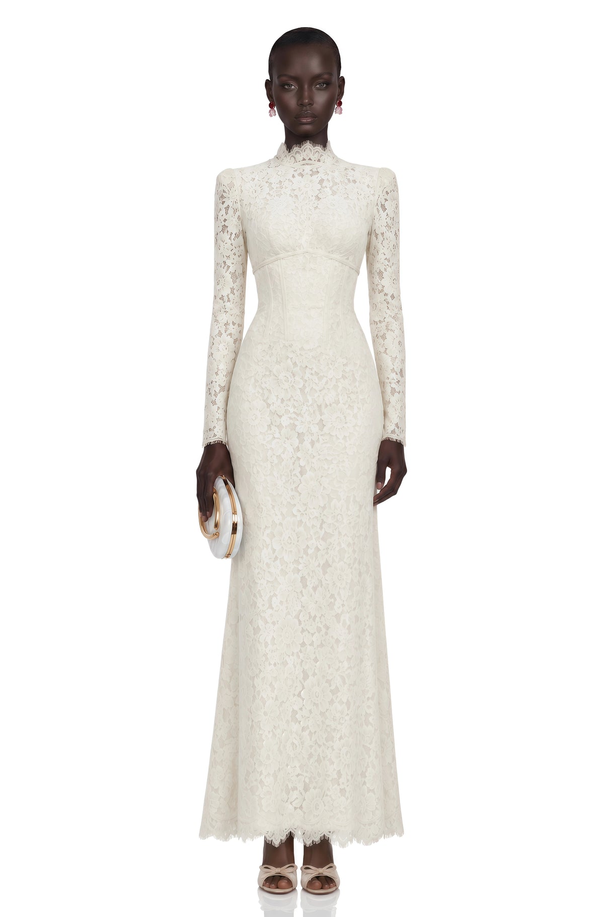 Maggie Ivory High Neck Floral Lace Maxi Dress