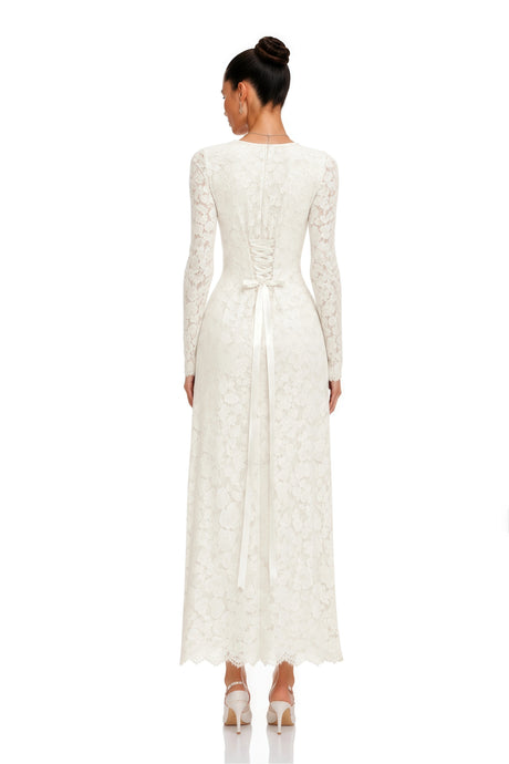Iside Maxi Dress Ivory High Neck Floral Lace