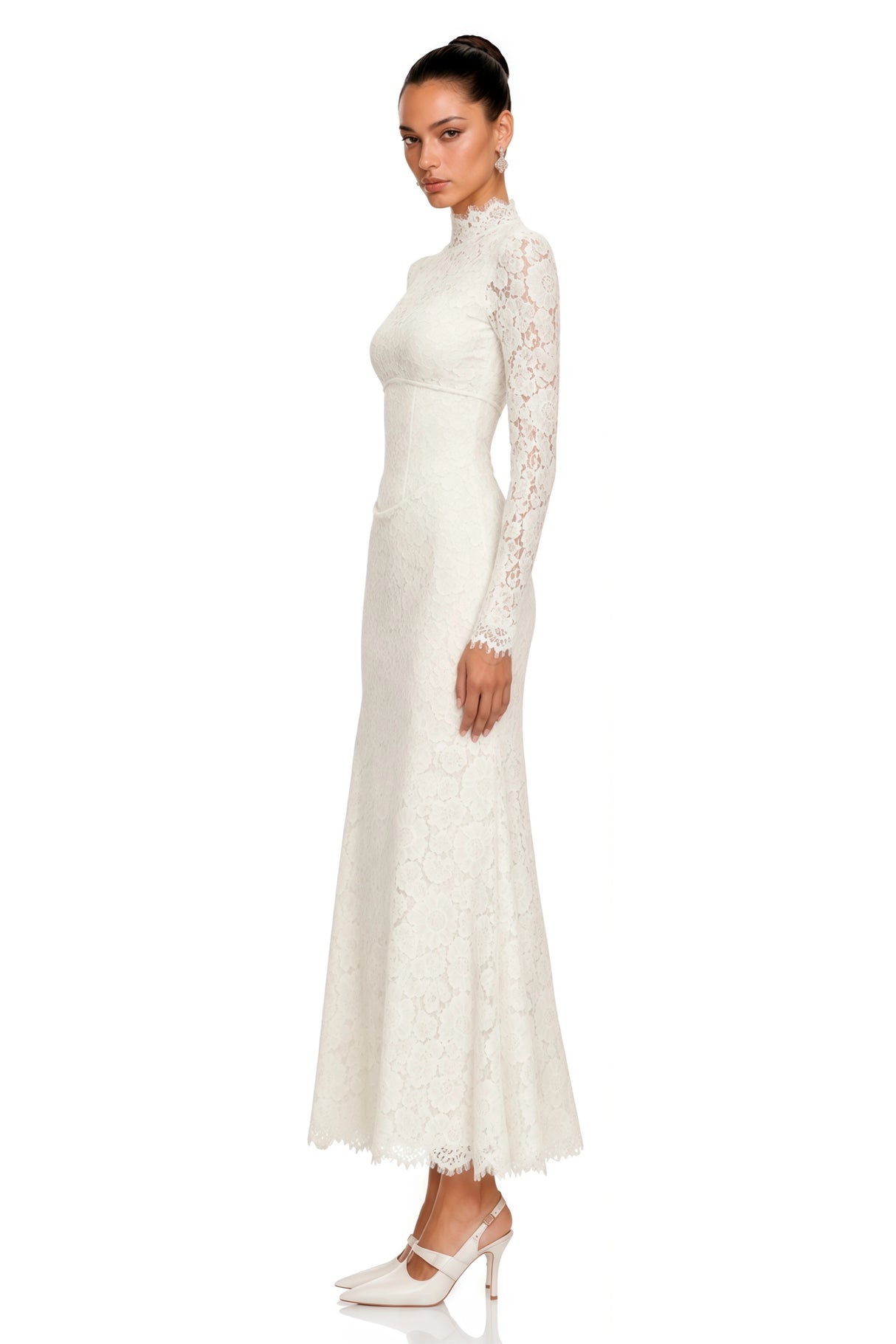 Maggie Ivory High Neck Floral Lace Maxi Dress
