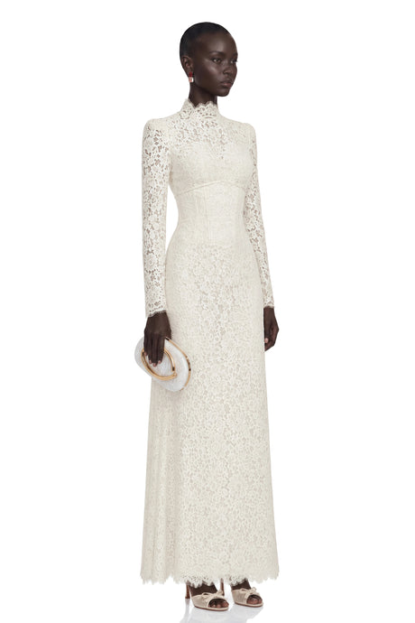 Priscilla Maxi Dress Ivory High Neck Floral Lace