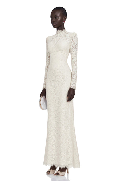 Priscilla Maxi Dress Ivory High Neck Floral Lace