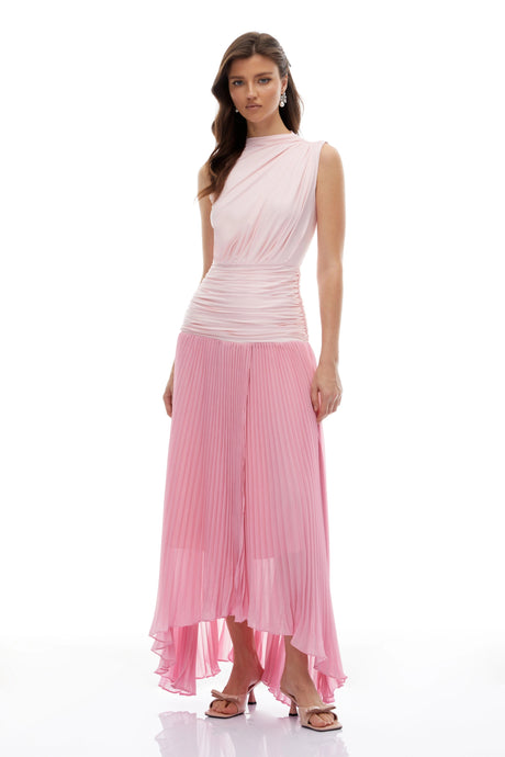 Santa Maxi Dress Pink Gradient Ruched Pleated