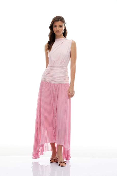 Santa Maxi Dress Pink Gradient Ruched Pleated