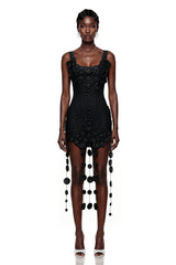 Mahkadeh Black Fringe Mini Dress with 3D Petals