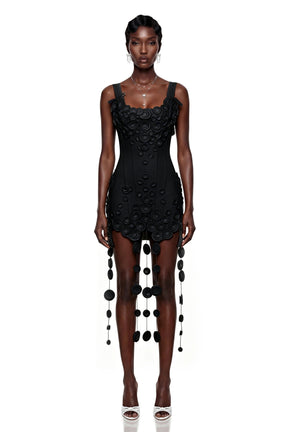 Mahkadeh Black Fringe Mini Dress with 3D Petals