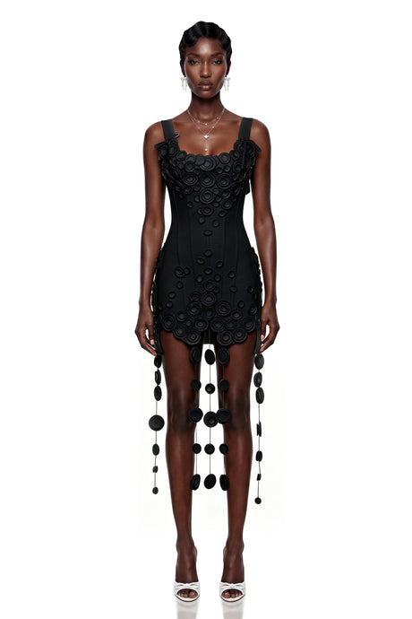 Violetta Mini Dress Black Fringe with 3D Petals