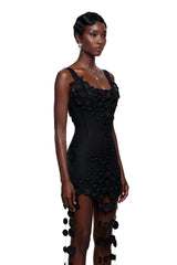 Mahkadeh Black Fringe Mini Dress with 3D Petals