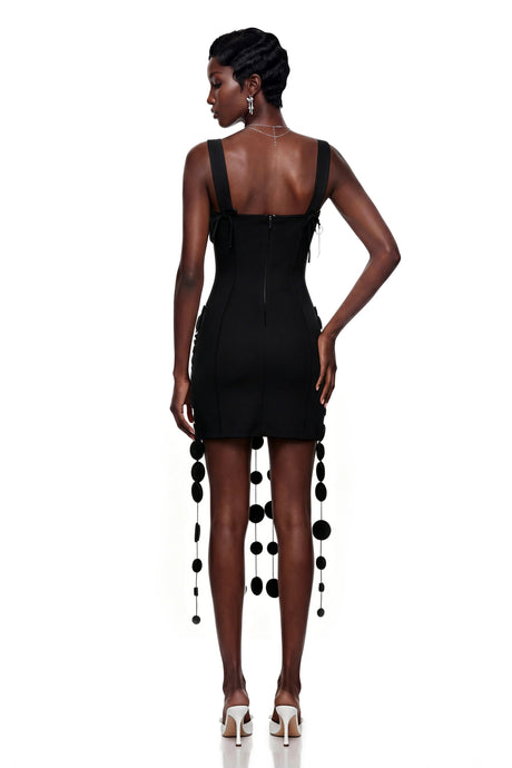 Violetta Mini Dress Black Fringe with 3D Petals