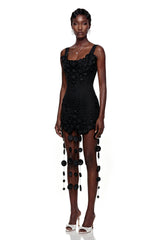 Mahkadeh Black Fringe Mini Dress with 3D Petals