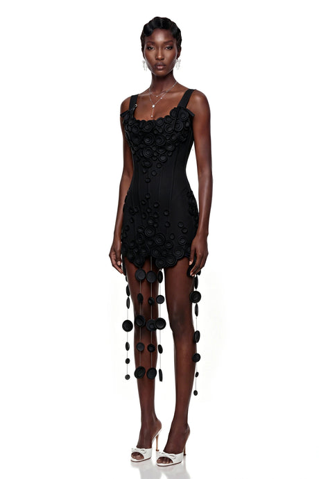 Violetta Mini Dress Black Fringe with 3D Petals