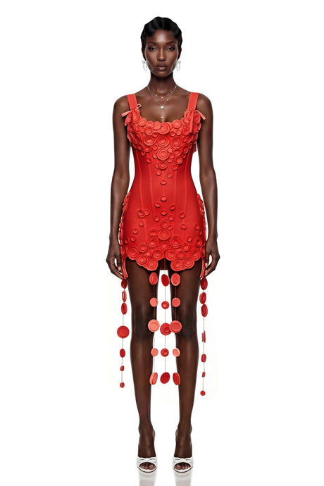 Layla Mini Dress Red Fringe with 3D Petals