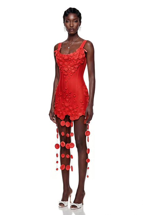 Layla Mini Dress Red Fringe with 3D Petals