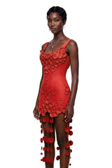 Mahkadeh Red Fringe Mini Dress with 3D Petals