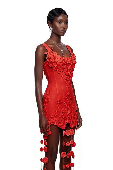 Layla Mini Dress Red Fringe with 3D Petals