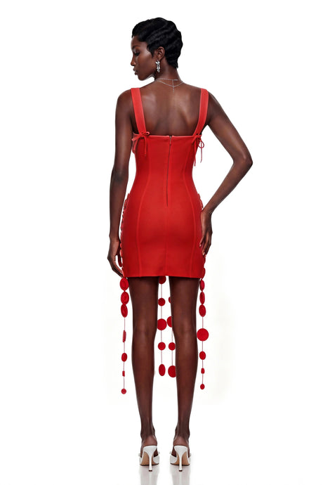 Layla Mini Dress Red Fringe with 3D Petals