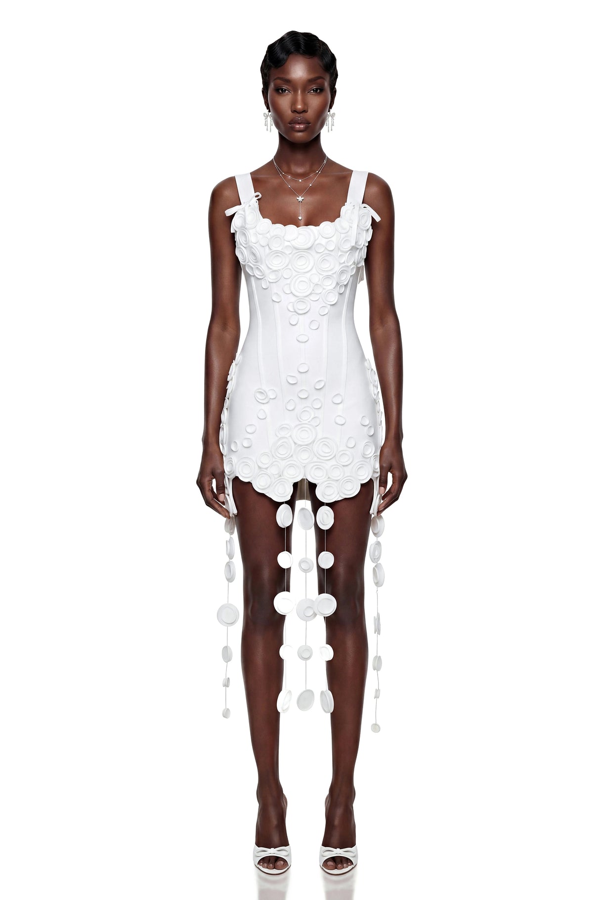 Mahkadeh White Fringe Mini Dress with 3D Petals