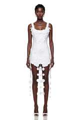 Mahkadeh White Fringe Mini Dress with 3D Petals