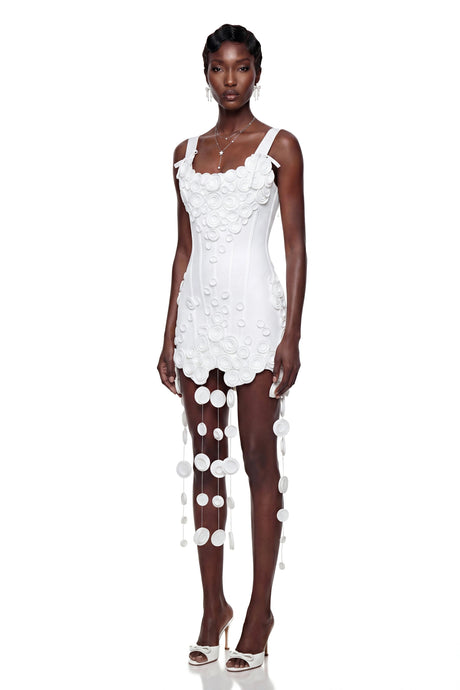 Antonia Mini Dress White Fringe with 3D Petals