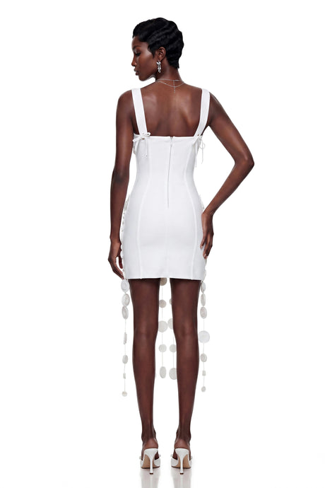 Antonia Mini Dress White Fringe with 3D Petals