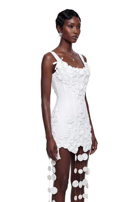 Antonia Mini Dress White Fringe with 3D Petals