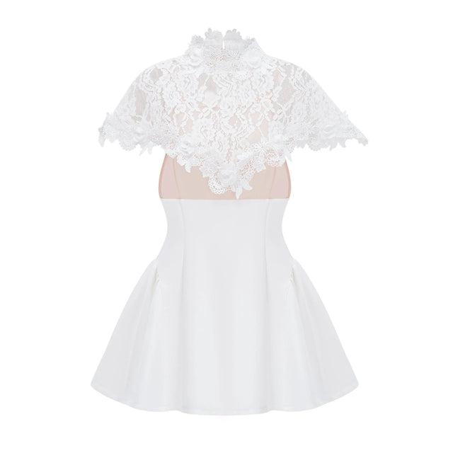 Mandana White Lace Mini Dress with Cape