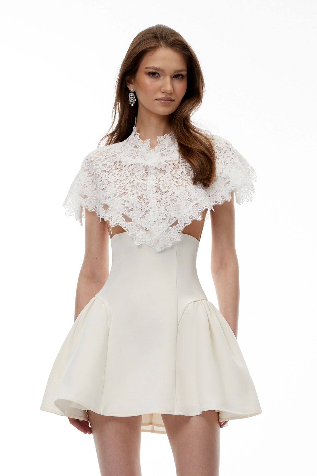 Mandana White Lace Mini Dress with Cape