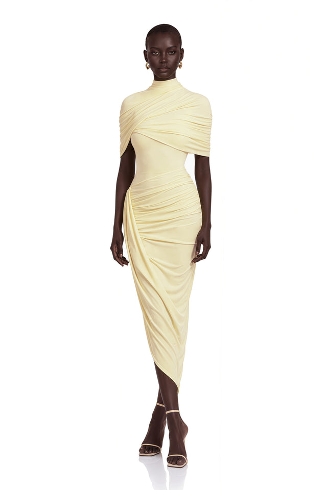 Manuela Yellow Asymmetrical Cape Midi Dress