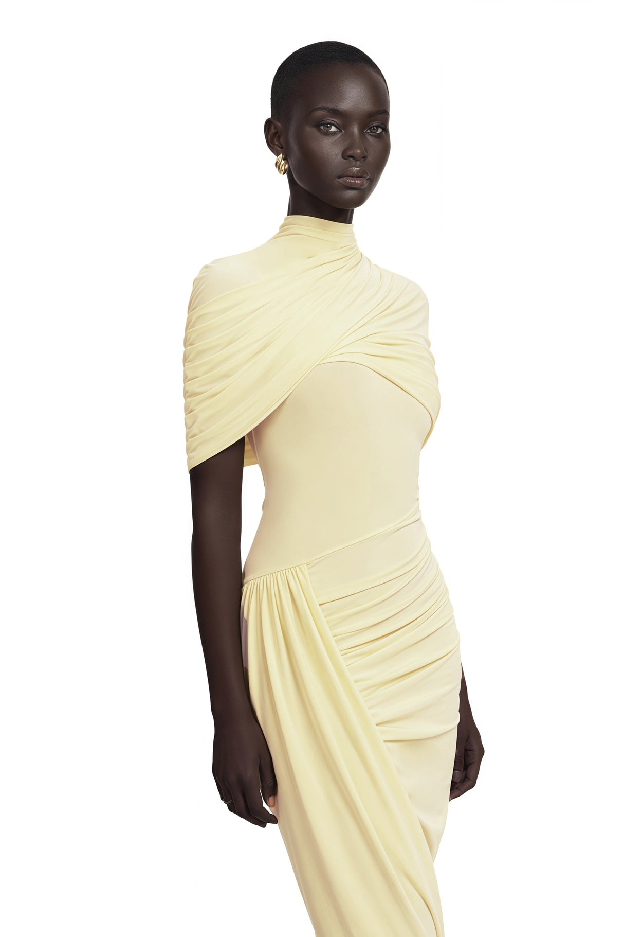 Manuela Yellow Asymmetrical Cape Midi Dress
