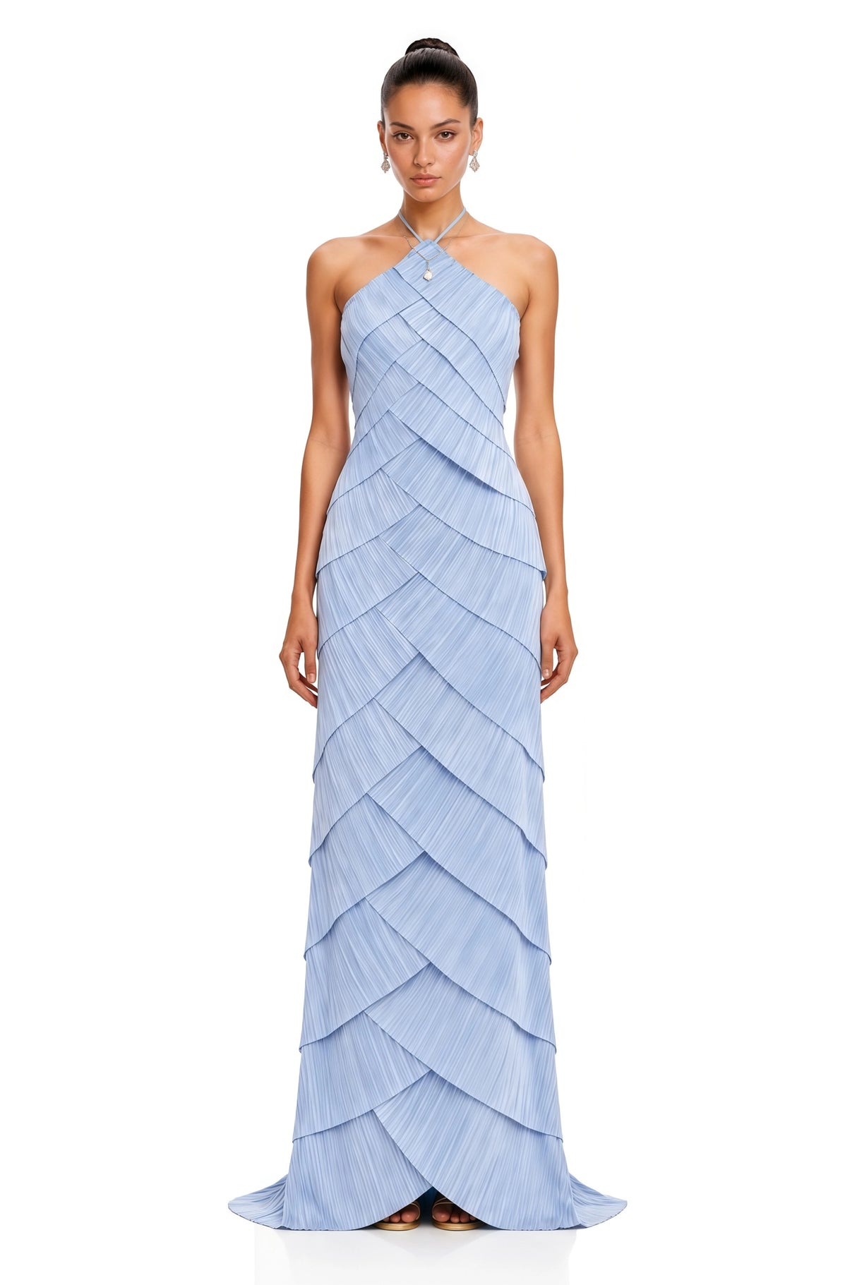 Mara Blue Halterneck Pleated Maxi Dress